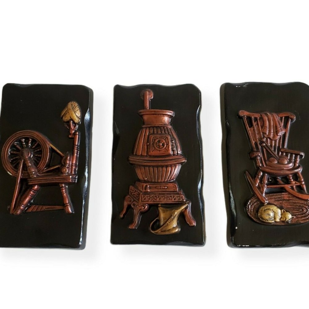 Wall Art Carved Wood Ceramic Set Vintage